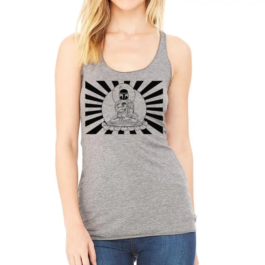 Gray tank top with black and white graphic design on a white background