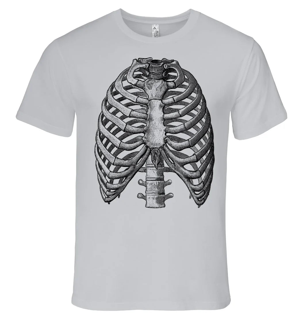 Gray t-shirt with black ribcage design on a white background