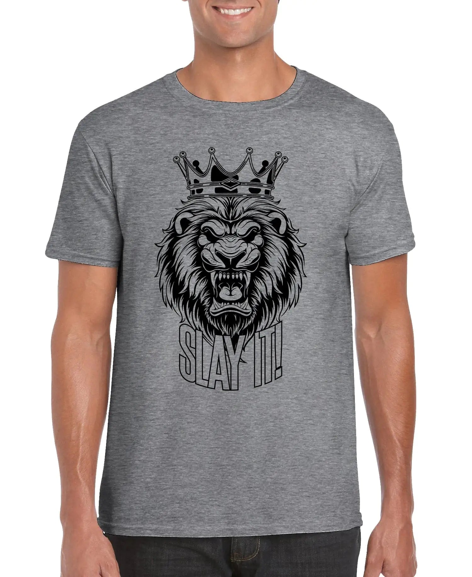 Gray t-shirt with a lion graphic and 'Slay It!' text worn by a person