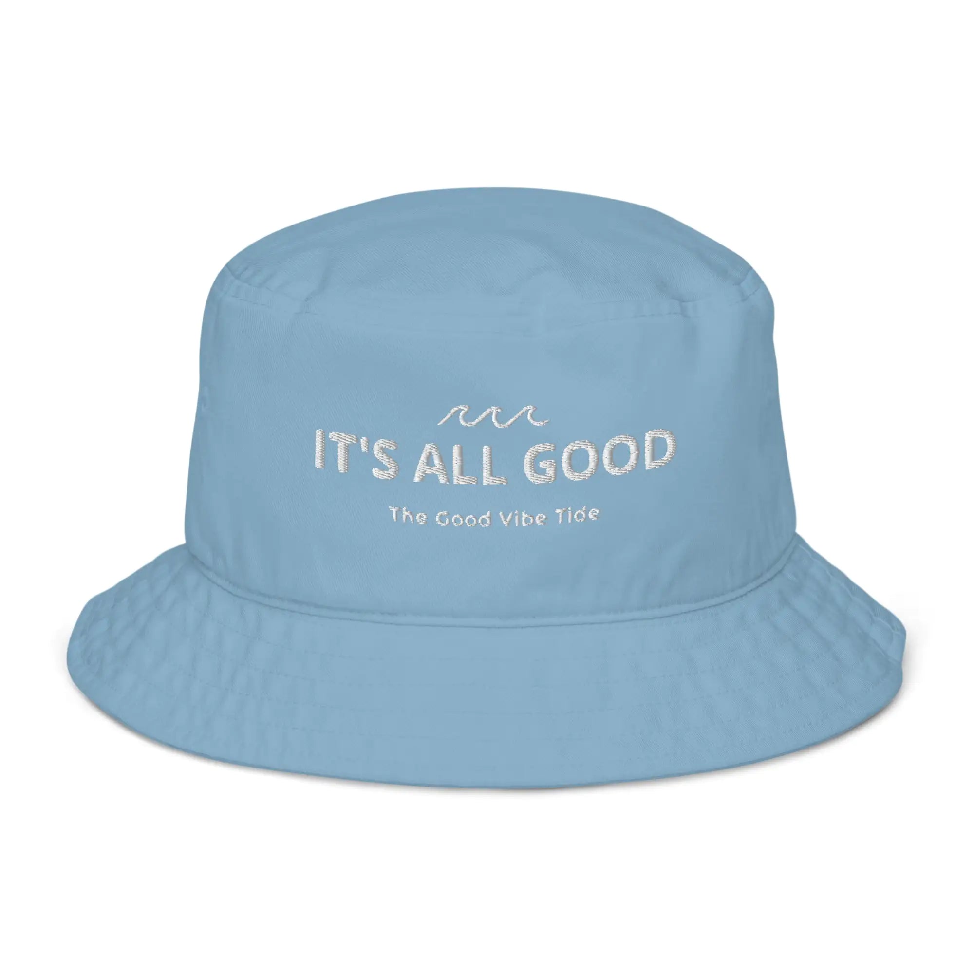Light blue bucket hat with 'IT'S ALL GOOD' text on a white background