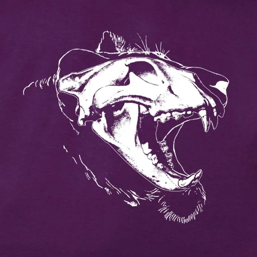 White outline of a roaring animal skull on a purple background