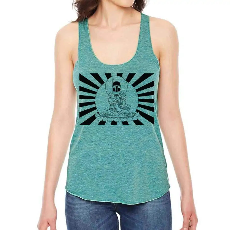 Teal tank top with black graphic design worn by a person on a white background