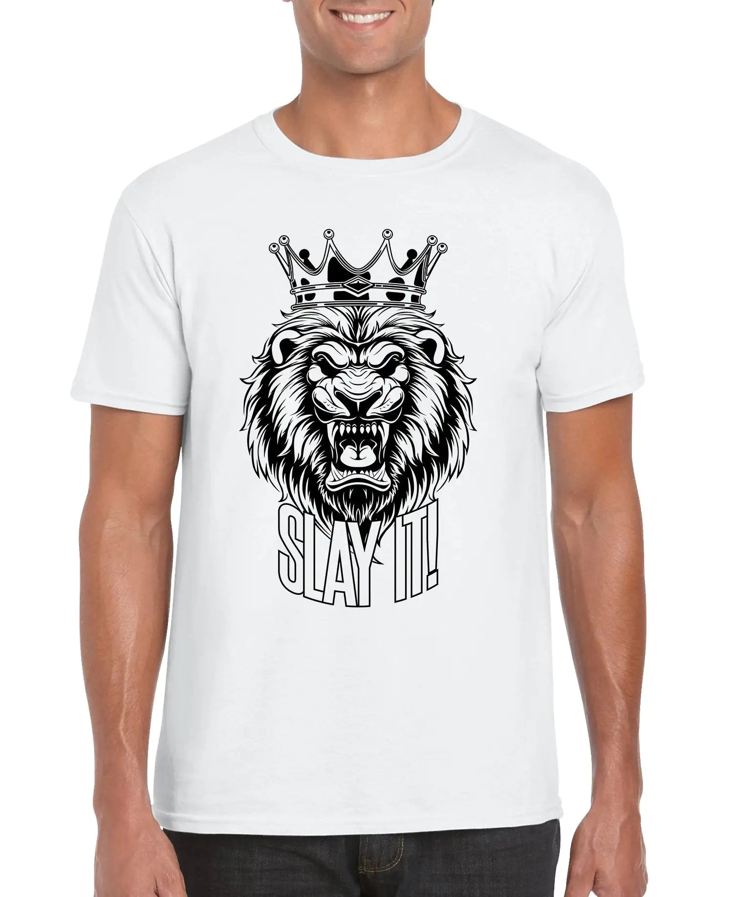 White t-shirt with a lion graphic and 'Slay It!' text worn by a person