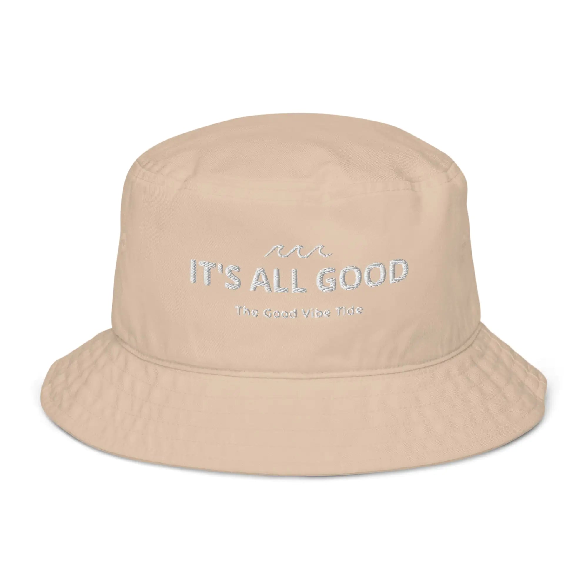 Beige bucket hat with 'It's All Good' text on a white background