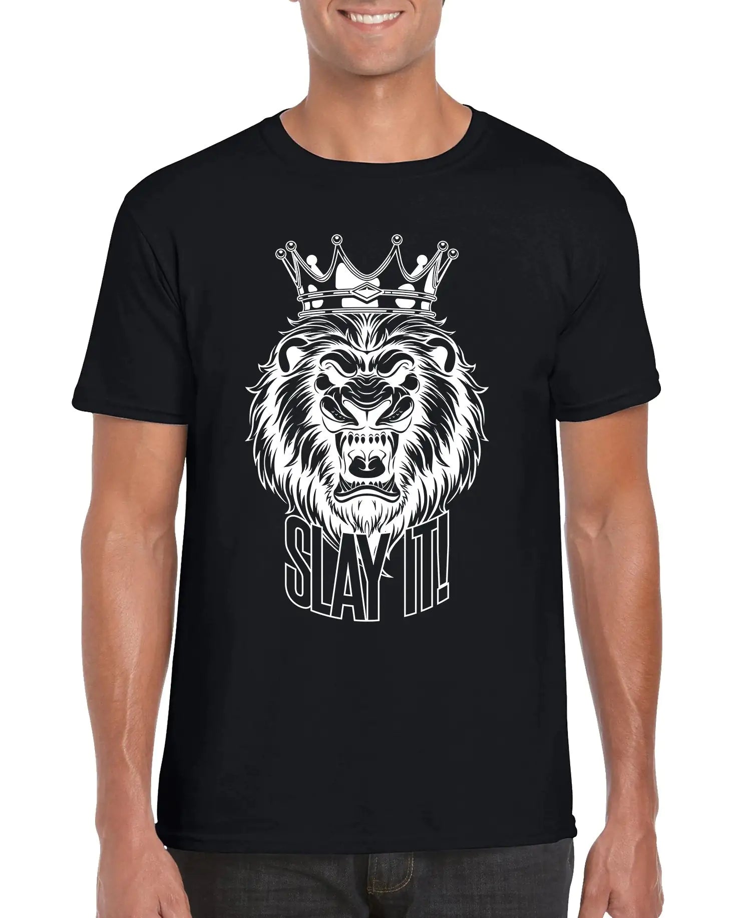 Black t-shirt with a lion graphic and 'SLAY IT!' text worn by a person