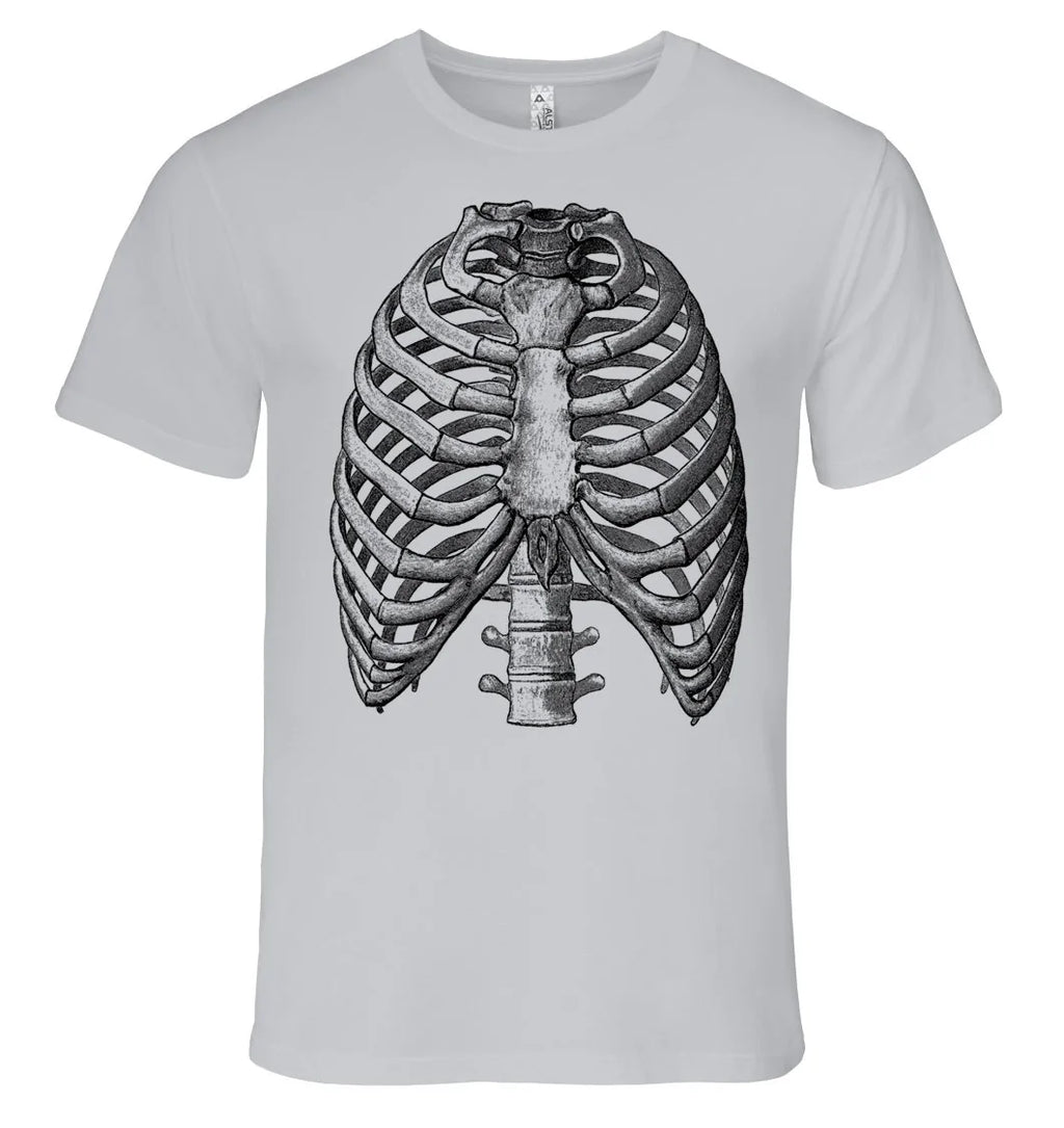 Gray t-shirt with black ribcage design on a white background
