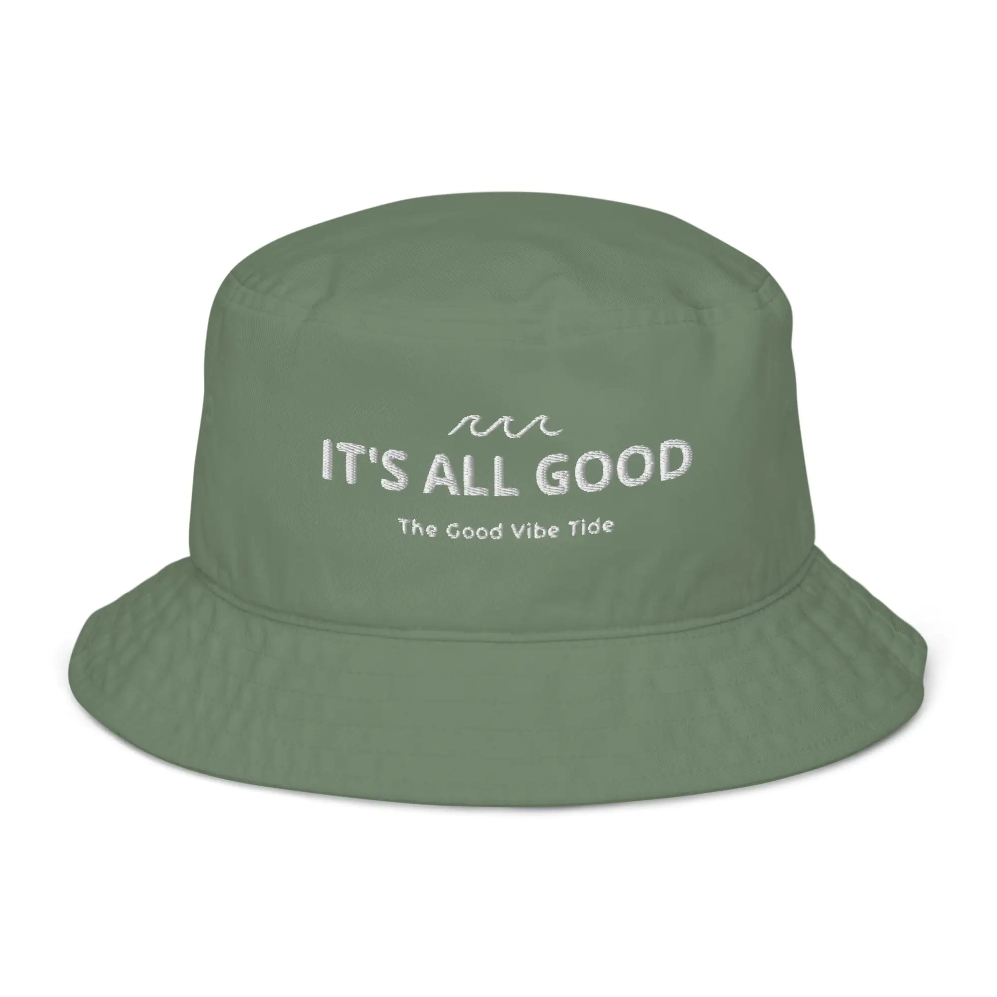 Green bucket hat with 'IT'S ALL GOOD The Good Vibe Tide' text on a white background