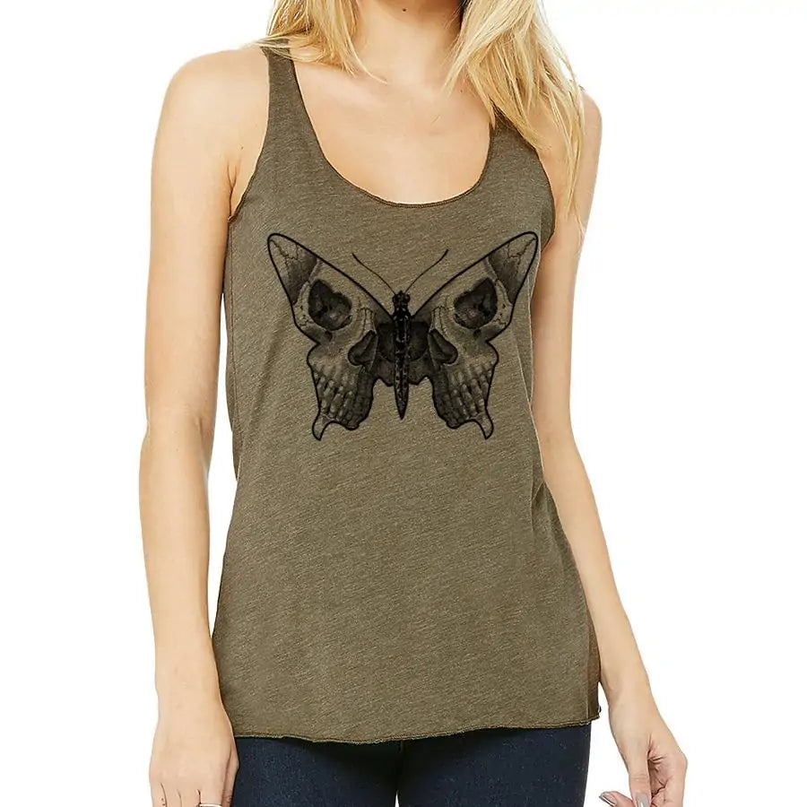 Green tank top with butterfly design worn by a person on a white background