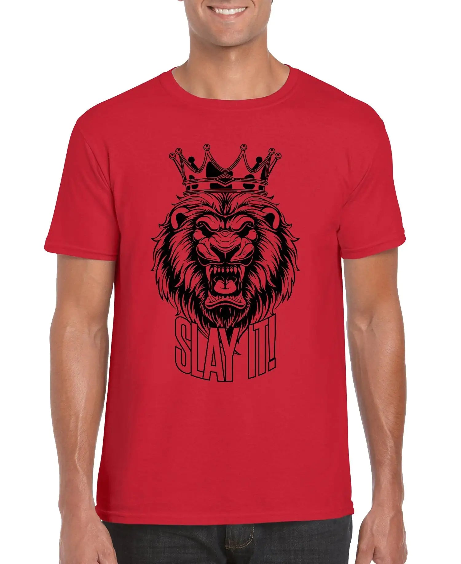 Red t-shirt with a black lion graphic and 'Slay It!' text on a white background