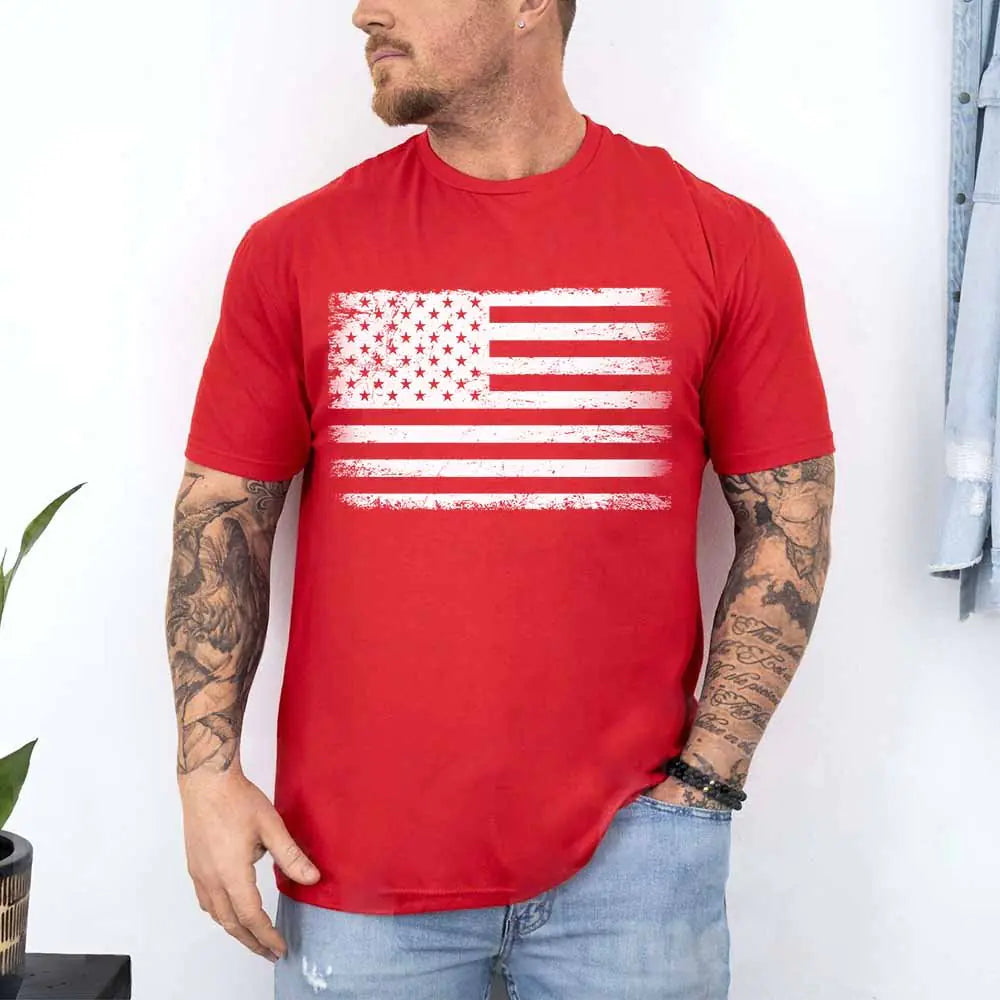 Man wearing a red t-shirt with an American flag design against a white background