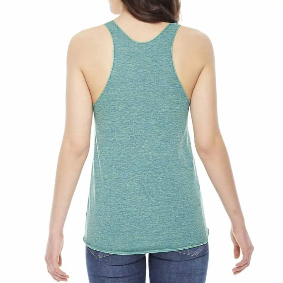 Green tank top worn by a person on a white background