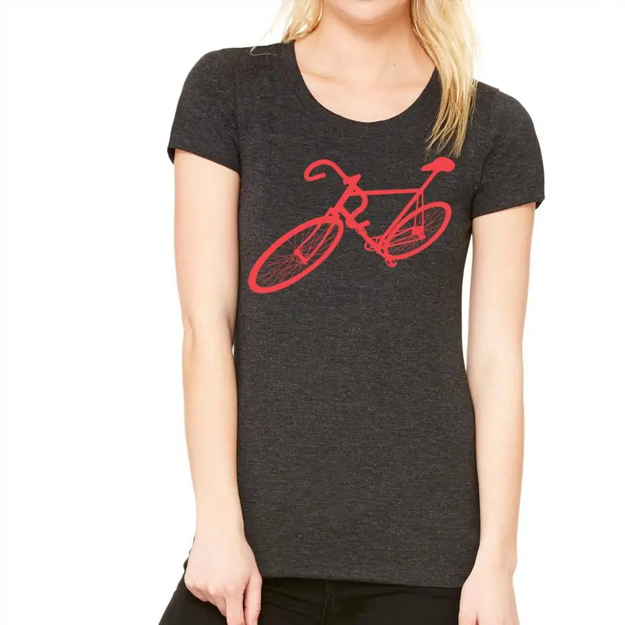 Person wearing a black t-shirt with a red bicycle design on a white background